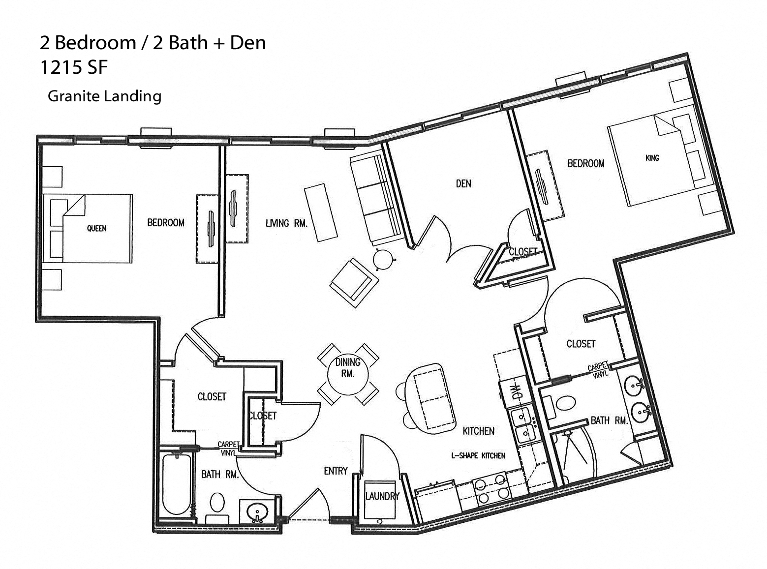Floor plan for 2 beds, 2 baths, 1215 sqft